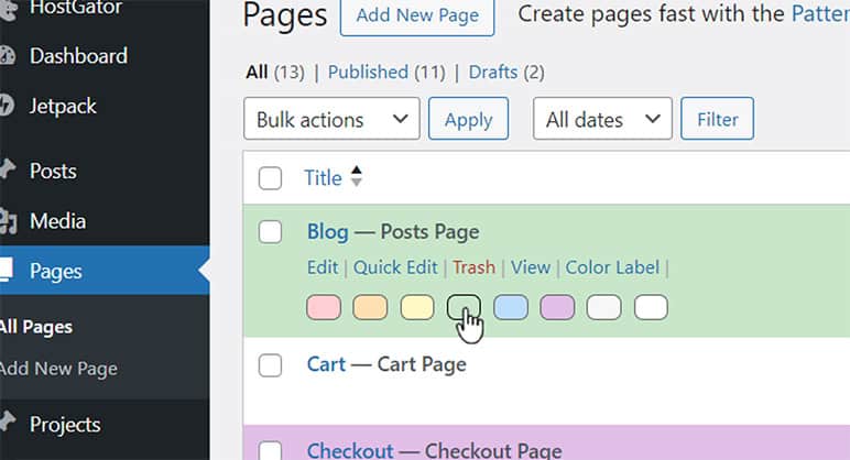 Color Labels for Posts and Pages WordPress Plugin by Brian Dean, screenshot of how it works